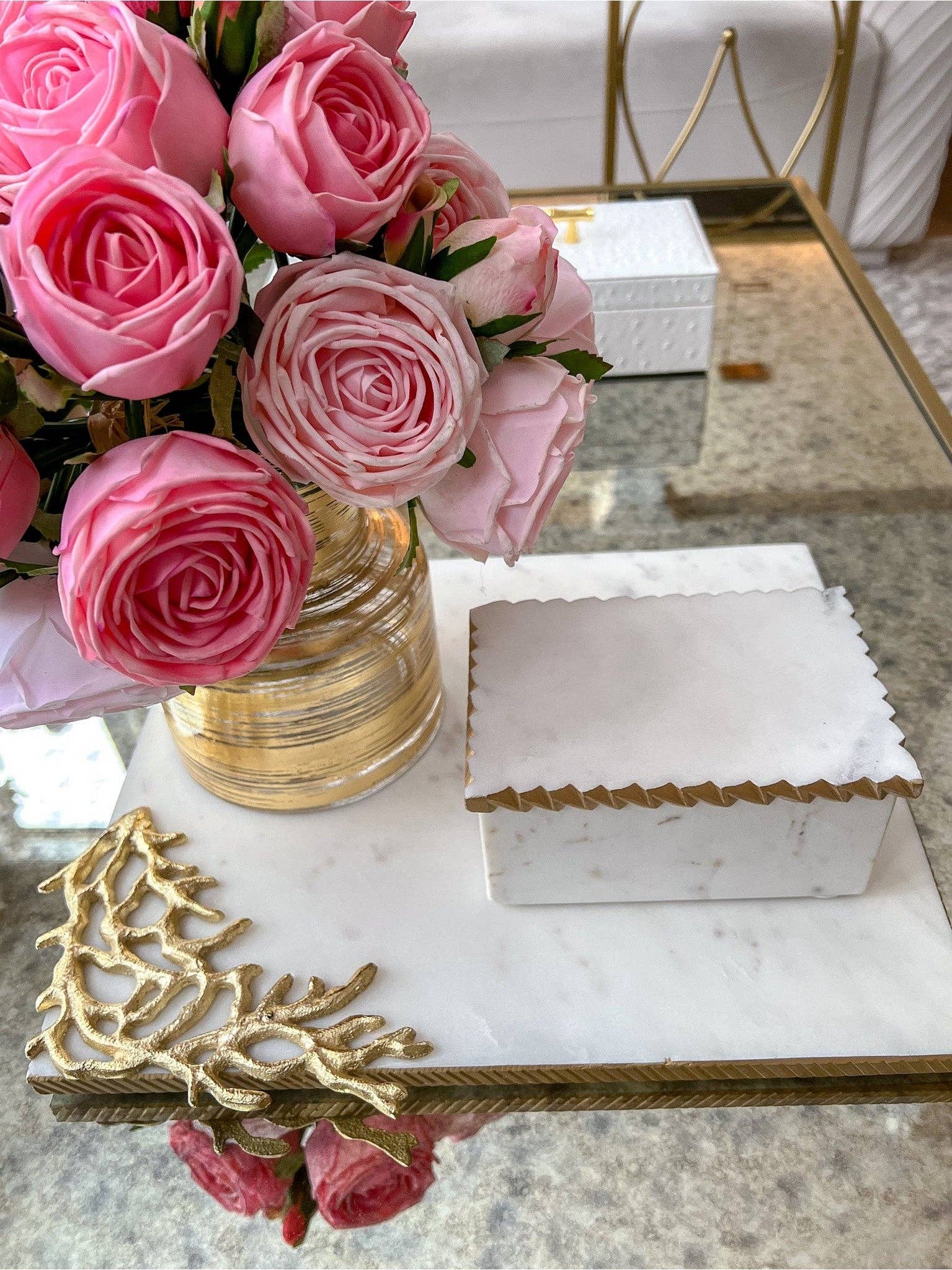 White Marble Decorative Box W/ Cover Gold Dimensional Border