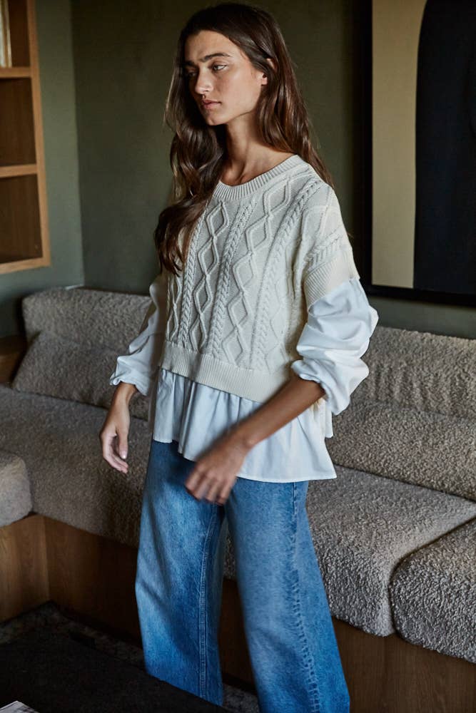 Knit Cotton Sleeve with Cable Knit Detail Vest