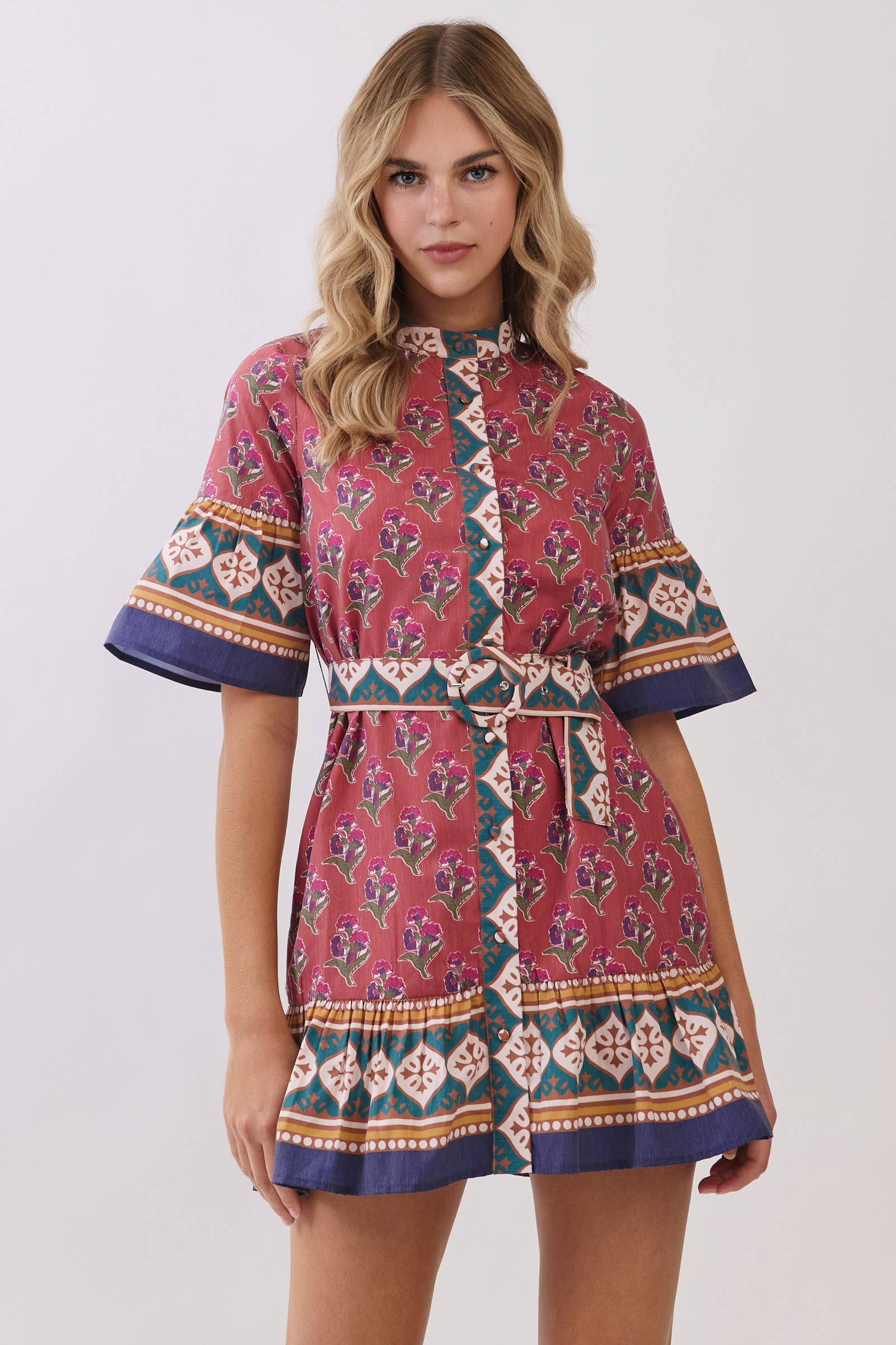 Printed Belted Mini Dress with Contrast Border