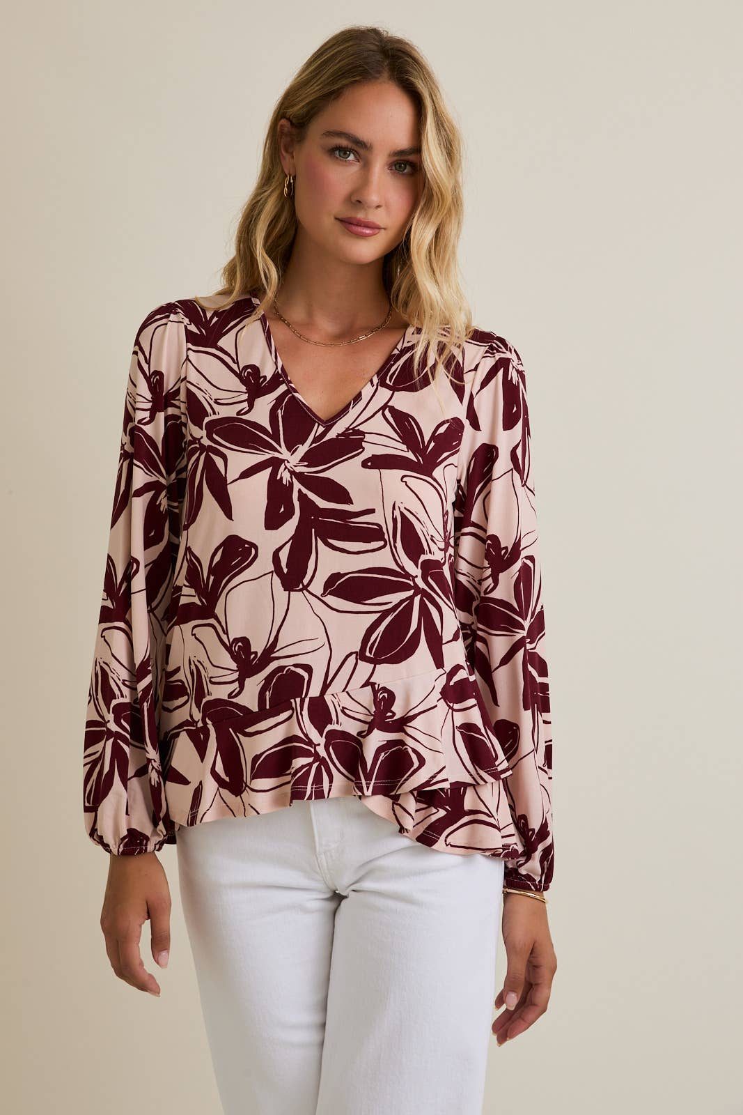 V-NECK LONG SLEEVE FLARE HEM FLORAL TOP