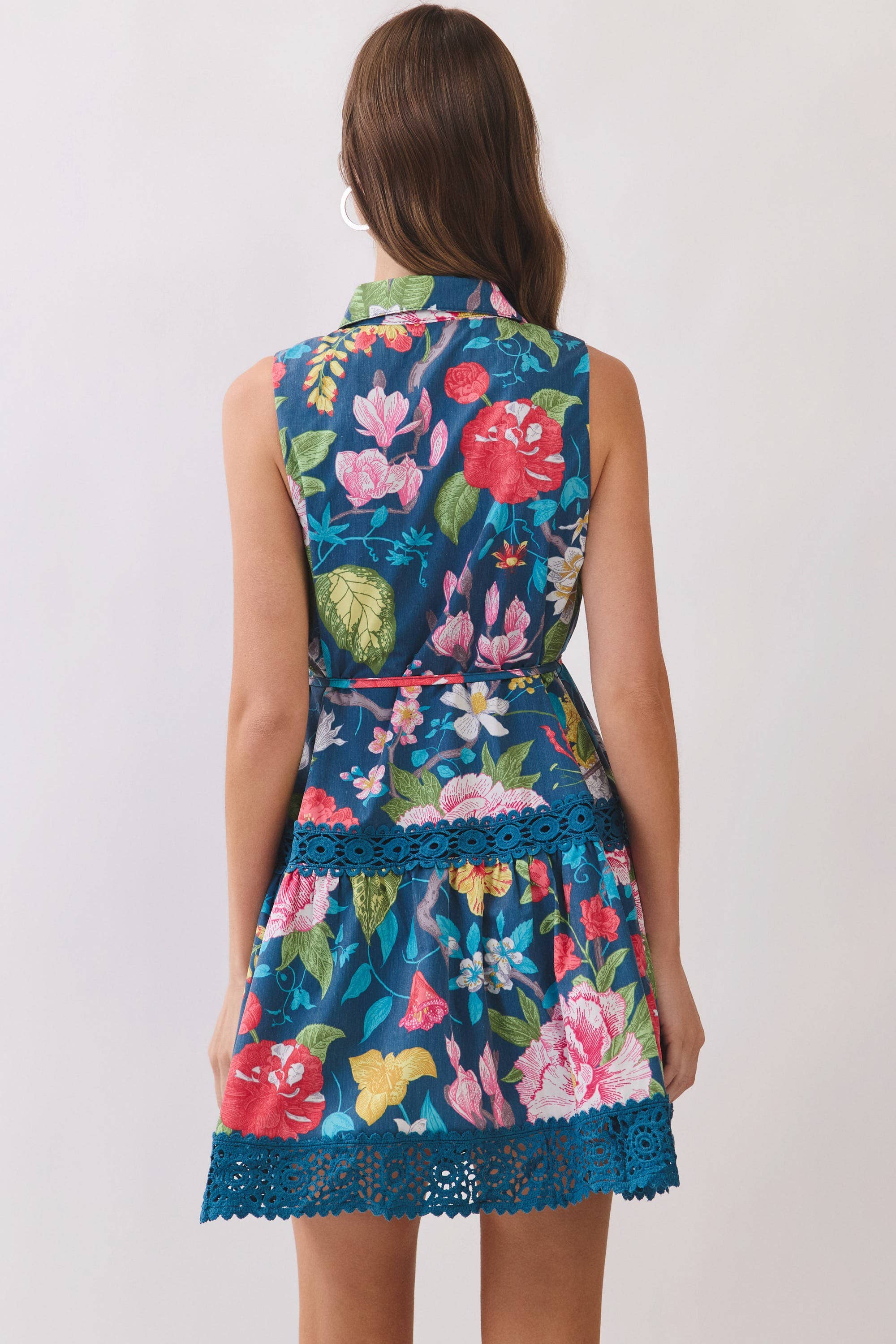 Floral Botanical Print Crochet Trim Mini Dress