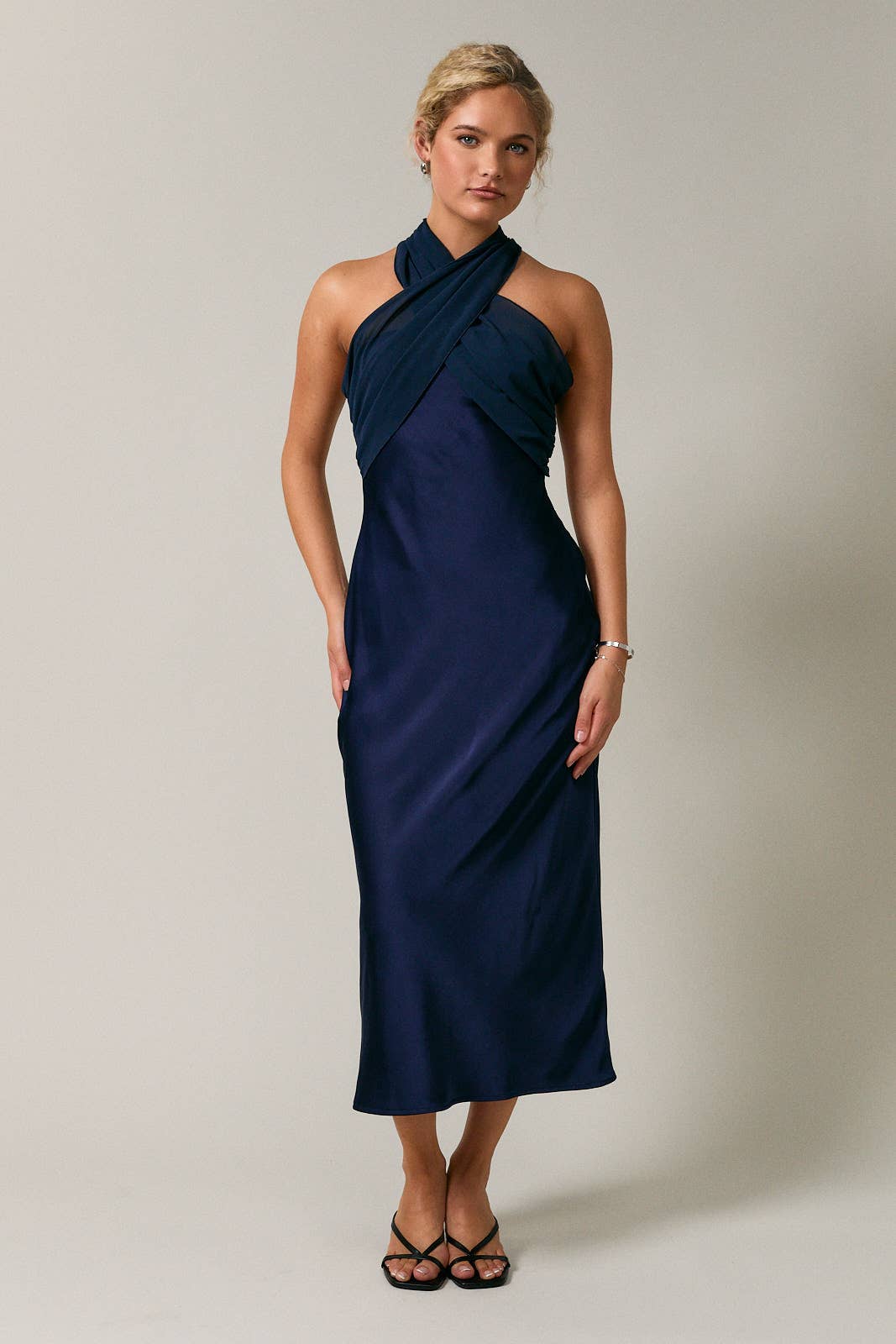 STRAPLESS CONTRAST SCARF DETAIL BIAS MIDI DRESS