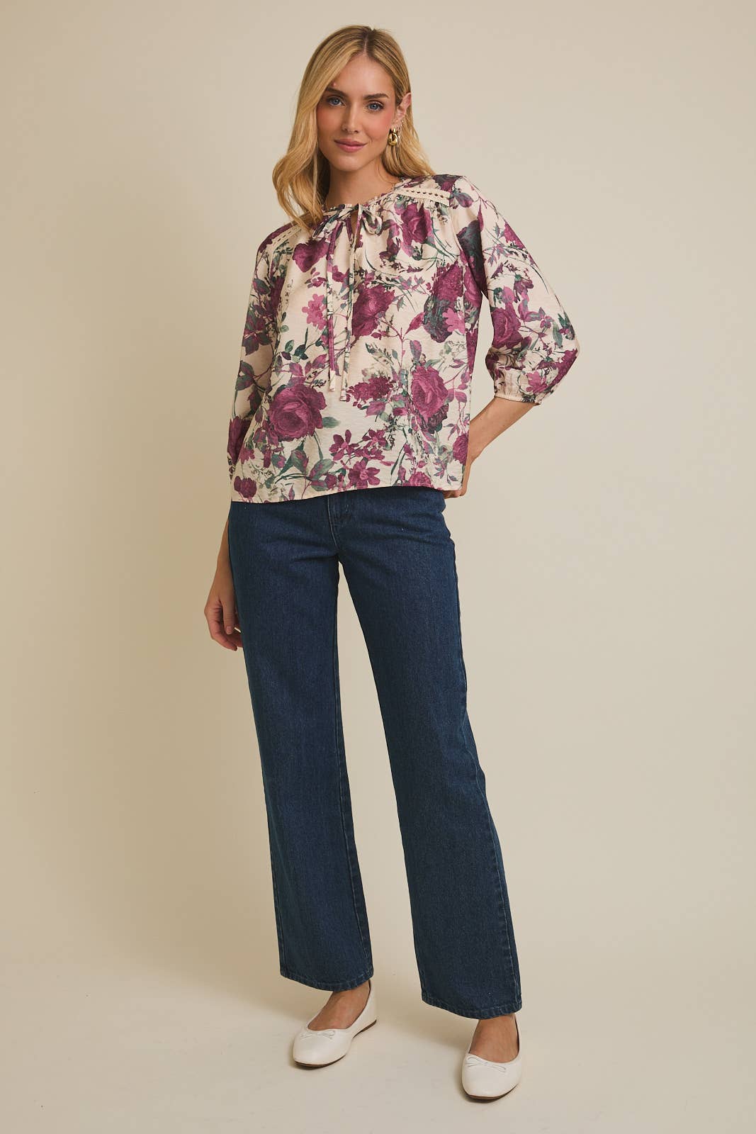 FRONT TIE RUFFLE DETAIL LONG SLEEVE FLORAL TOP
