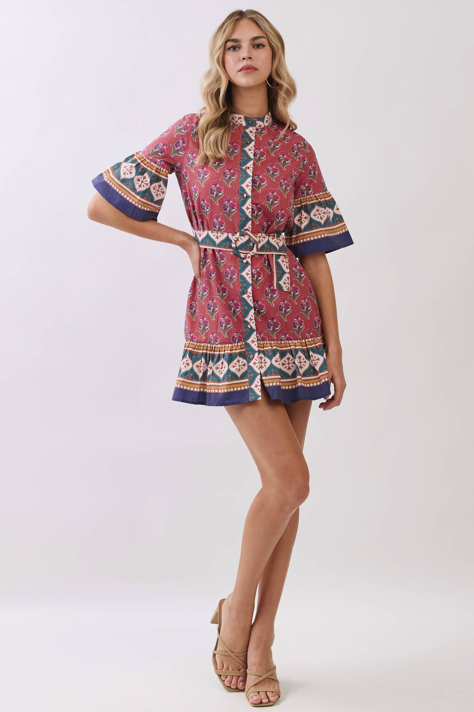 Printed Belted Mini Dress with Contrast Border