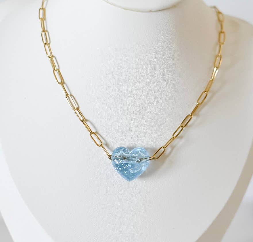 Bella acrylic heart charm necklace | paperclip | blue