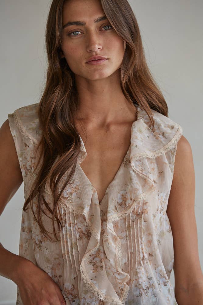 Woven Polyester Floral Print V-Neck Sleeveless Top