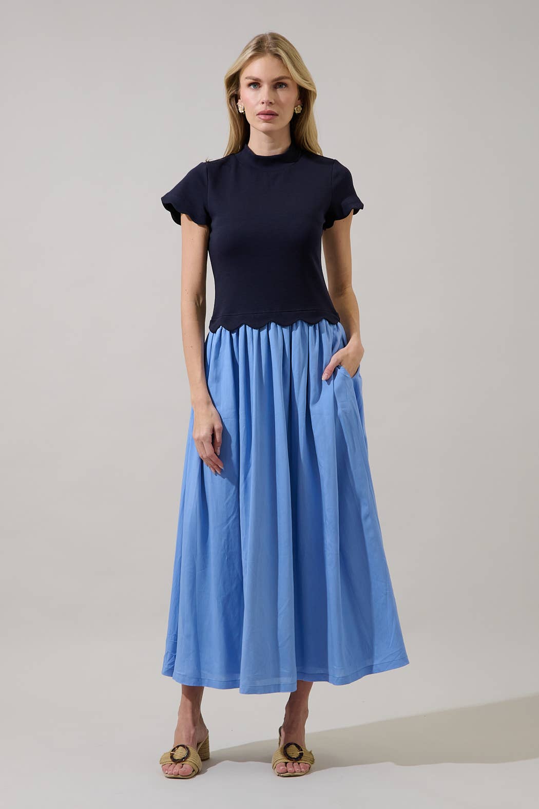 Marby Scallop Contrast Midi Dress