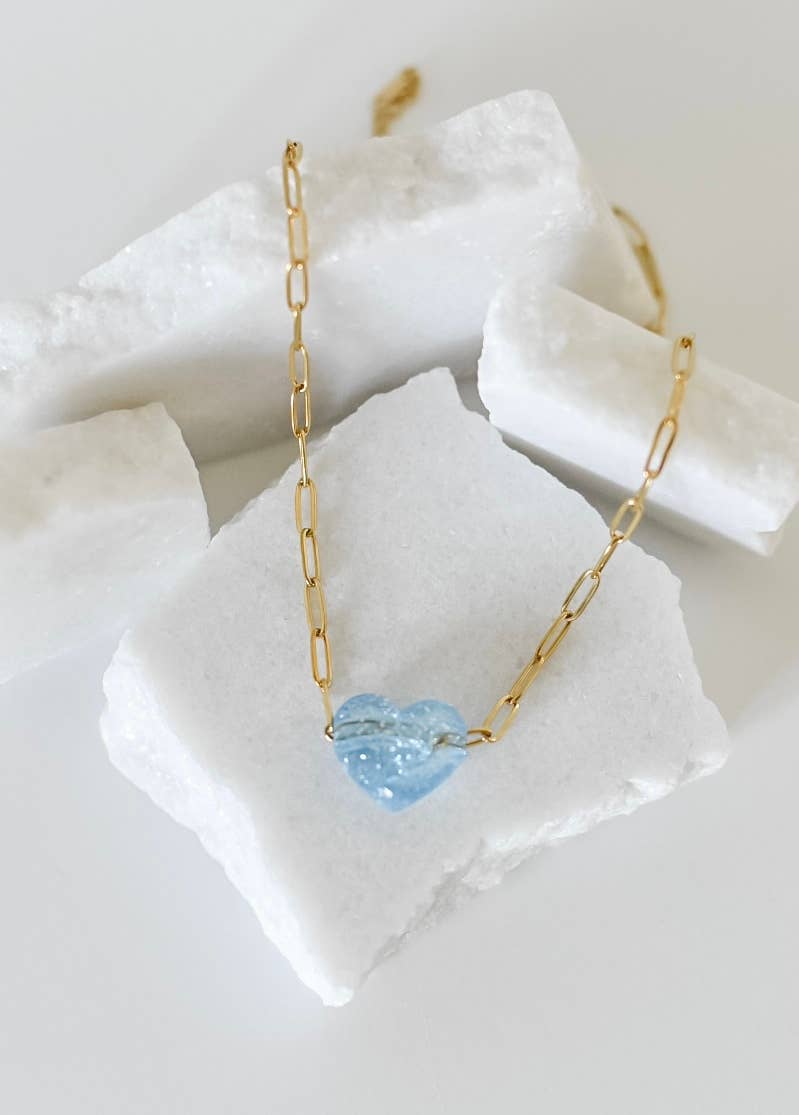 Bella acrylic heart charm necklace | paperclip | blue