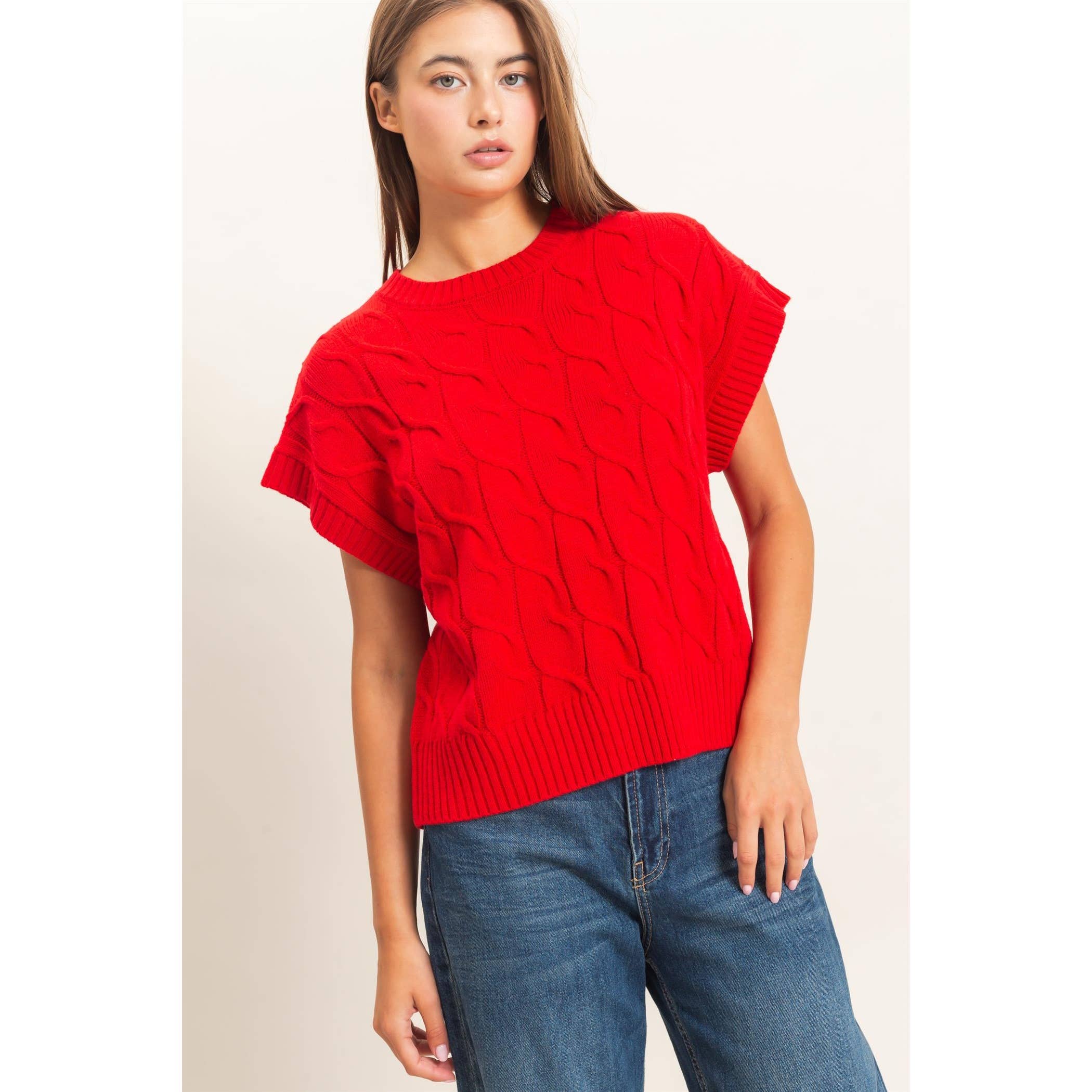 Cable Knit Cap Sleeve Sweater