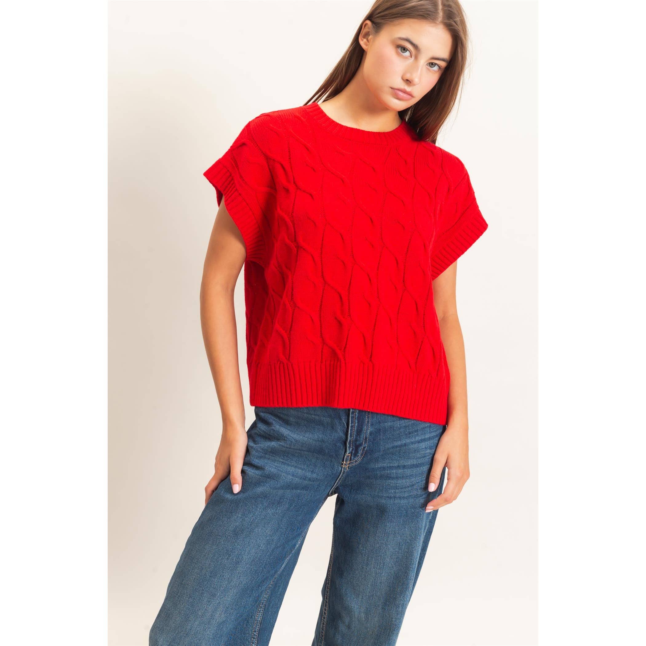 Cable Knit Cap Sleeve Sweater
