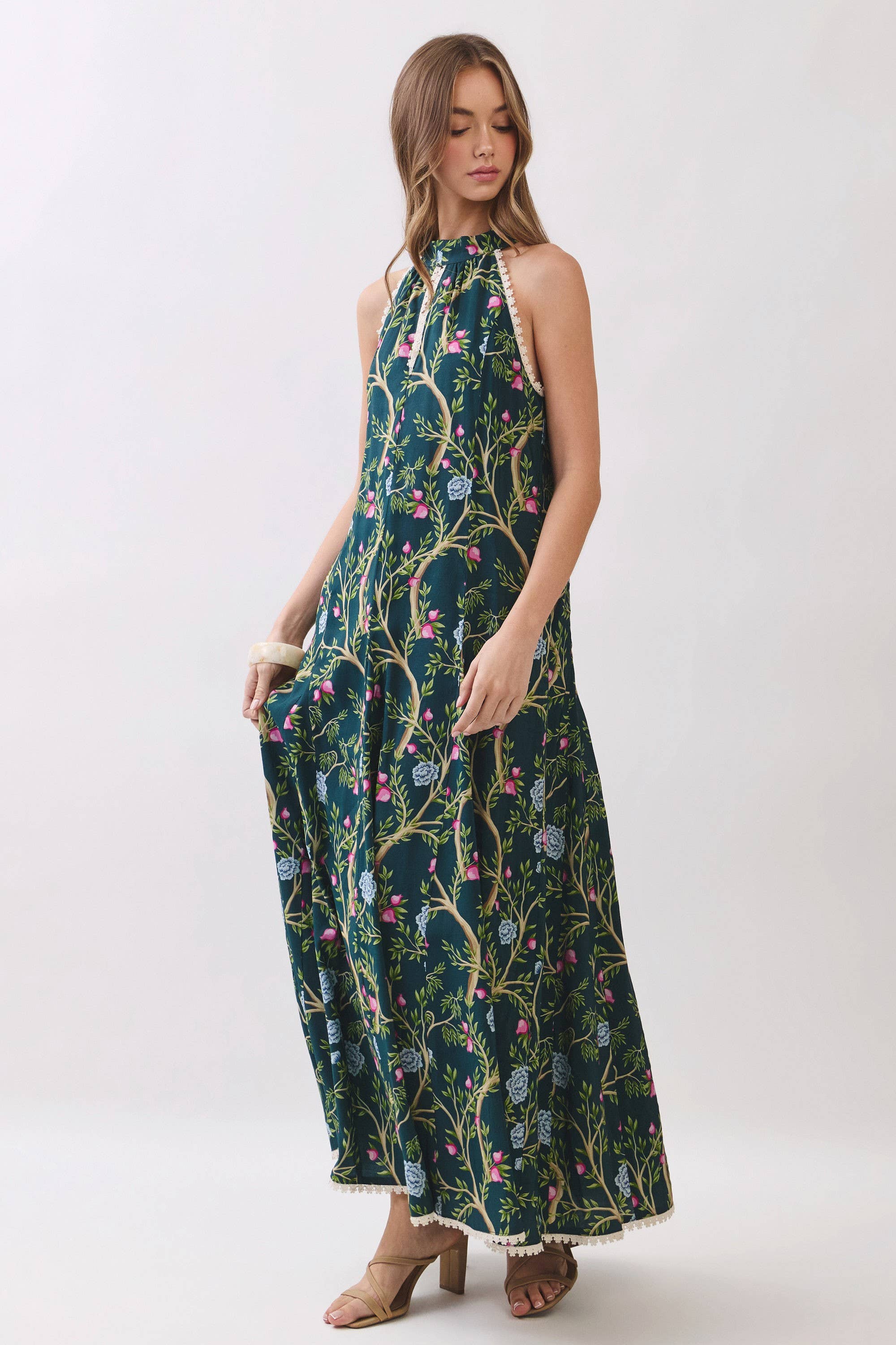 Floral Vine Print Halter Neck Maxi Dress