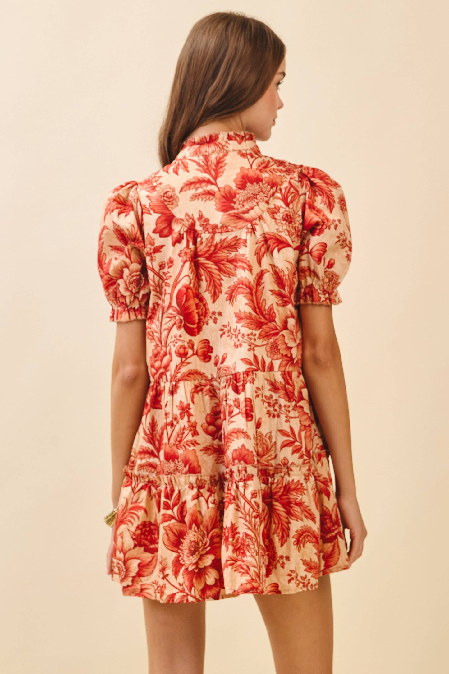 Floral Print Ruffled Mock Neckline Mini Dress
