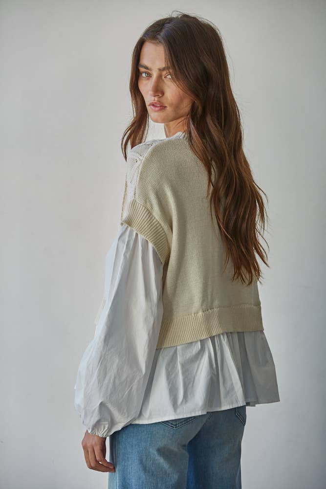 Knit Cotton Sleeve with Cable Knit Detail Vest