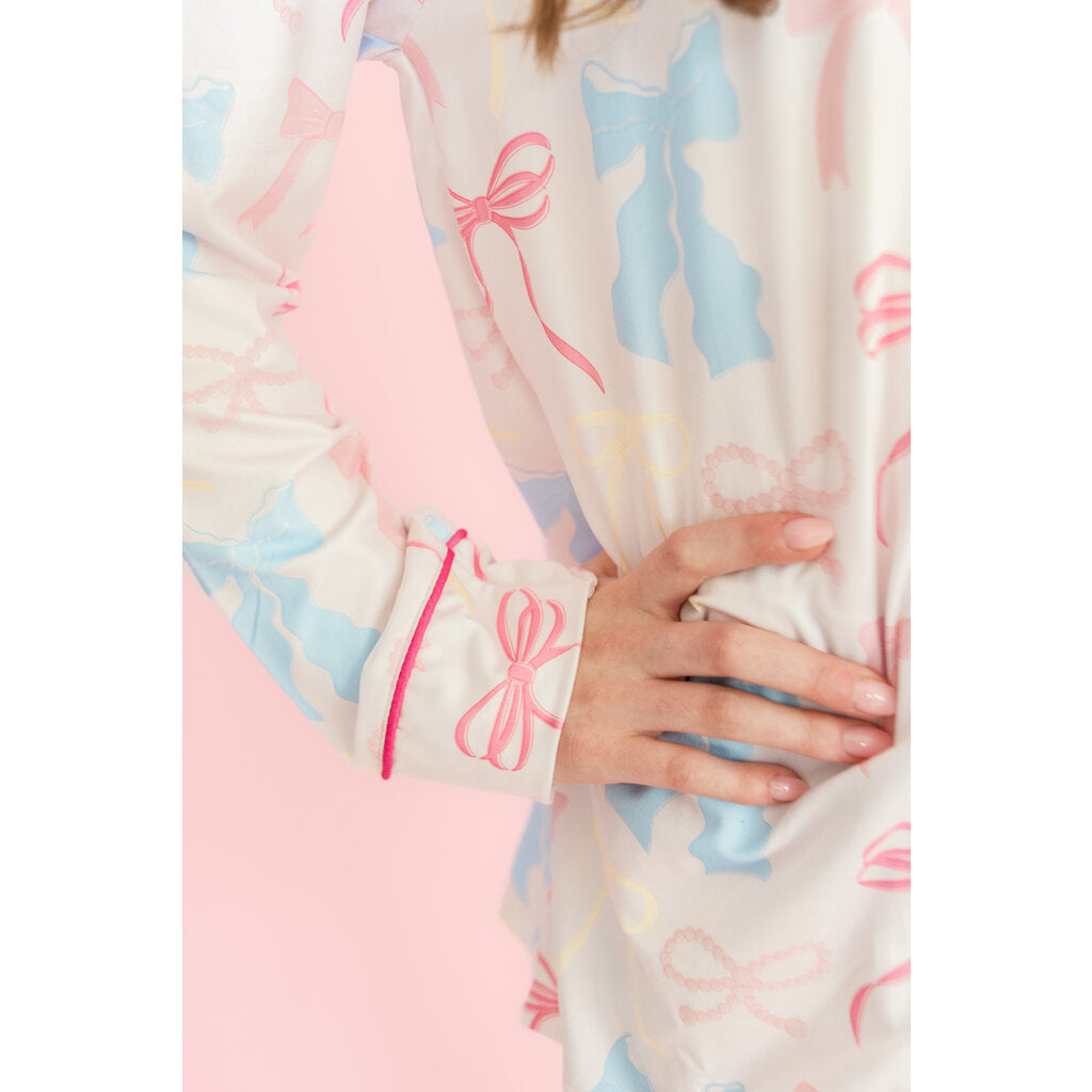 Pink Pastel Bows Long Sleeve Pajamas Set