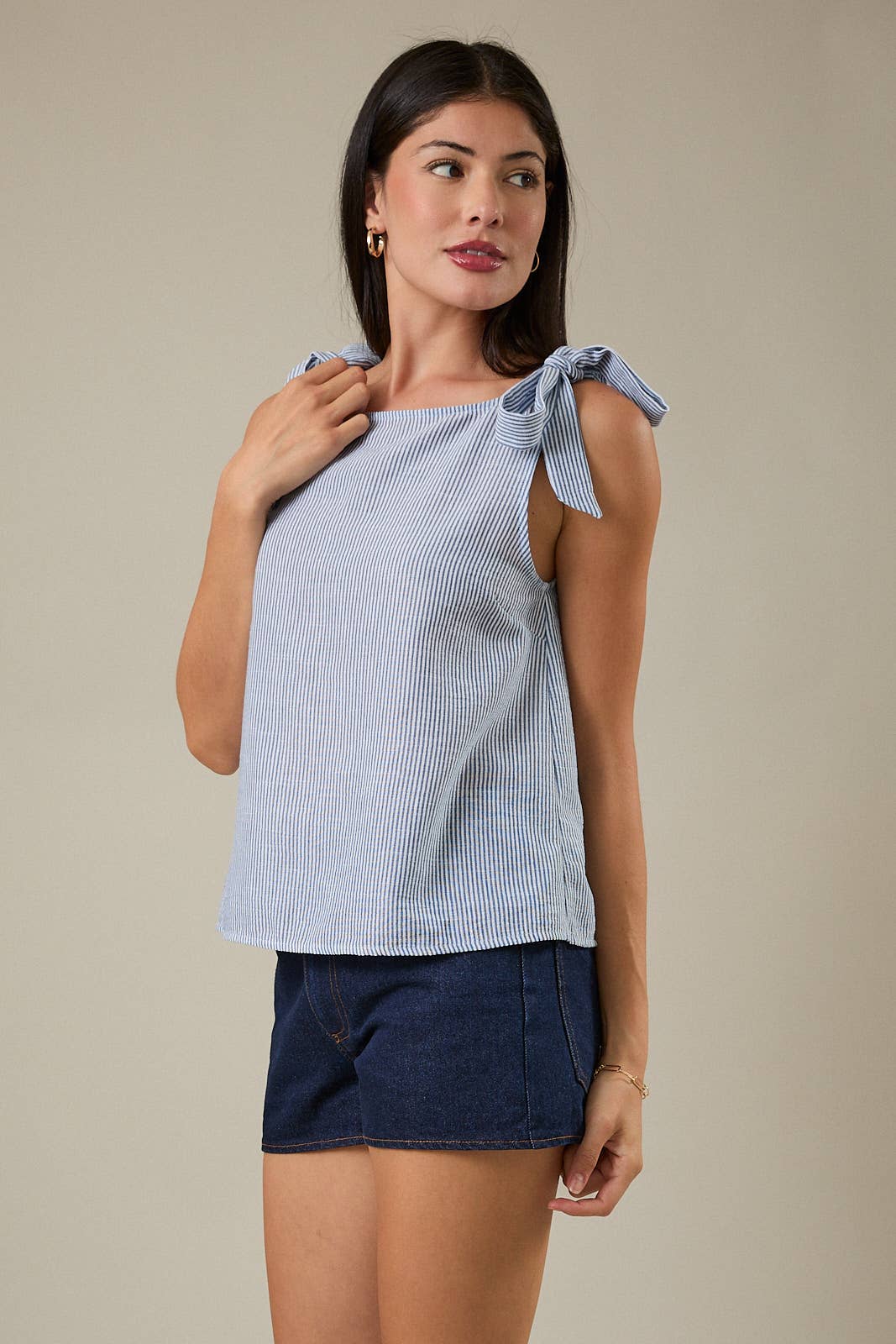 BOAT NECK SLEEVELESS SHOULDER TIE TOP