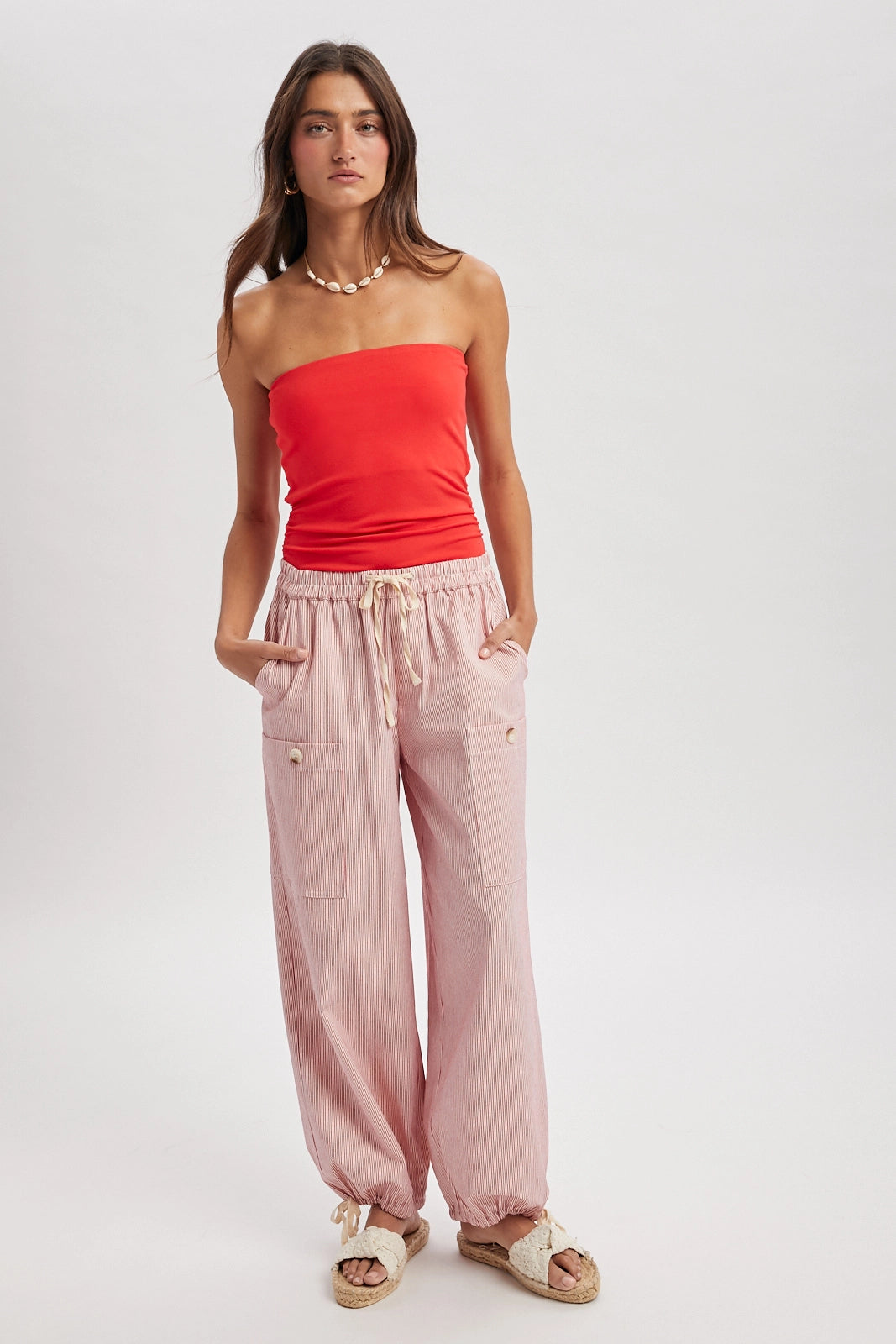 Striped Cargo Tie-Hem Pants