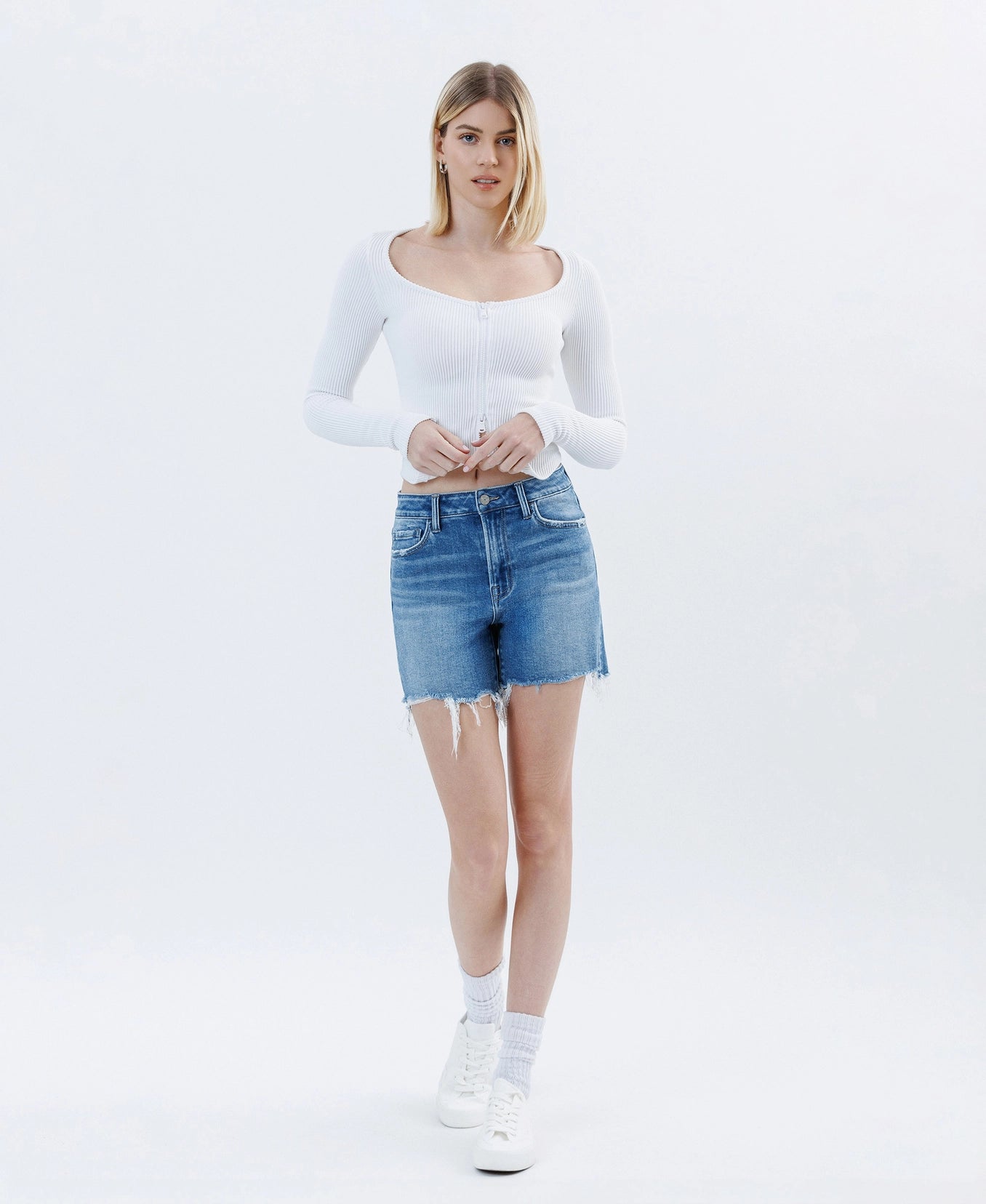 High Rise Raw Hem Boyfriend Shorts
