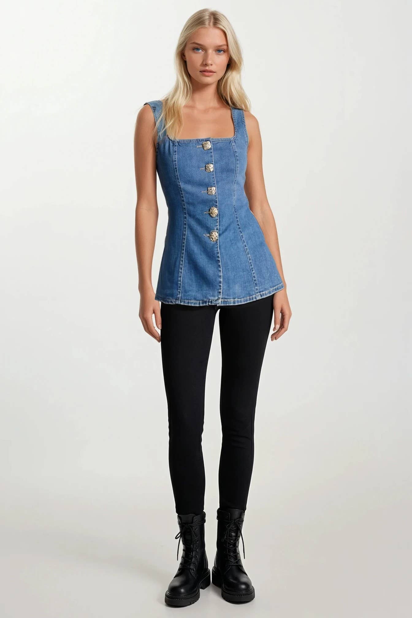 SQUARE NECK DENIM VEST WITH ORNATE GOLD BUTTONS