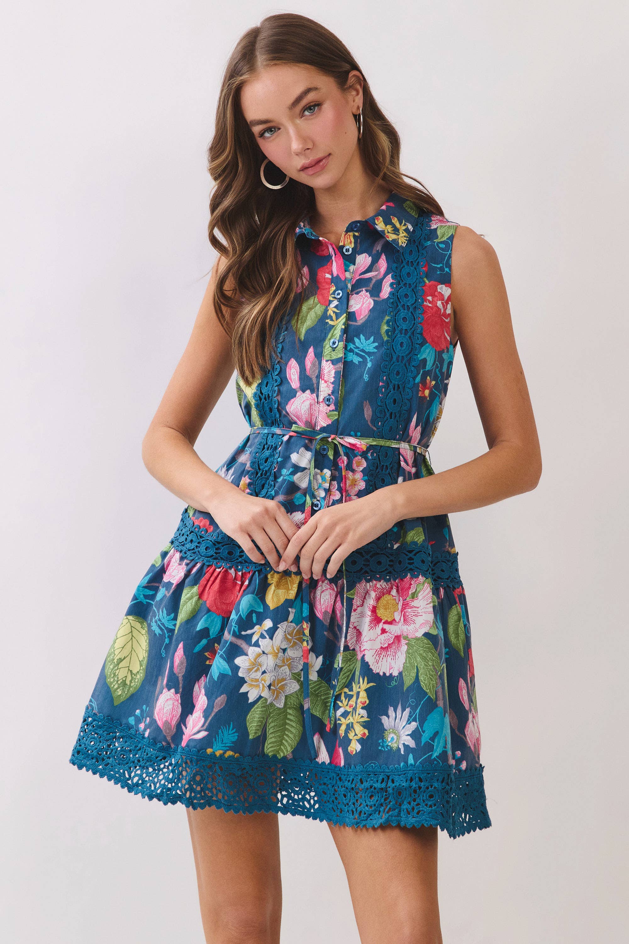 Floral Botanical Print Crochet Trim Mini Dress