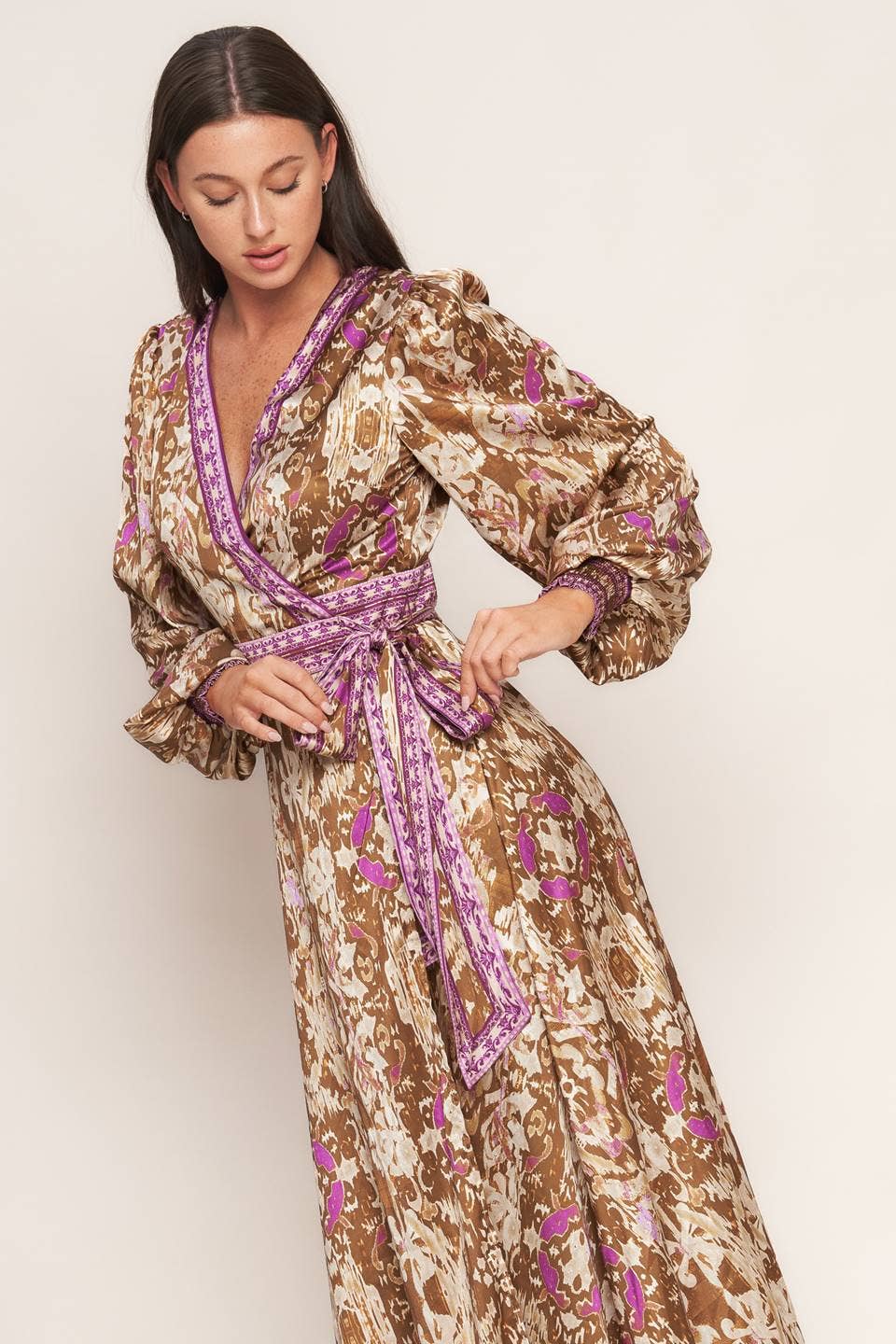 A printed woven midi true wrap dress