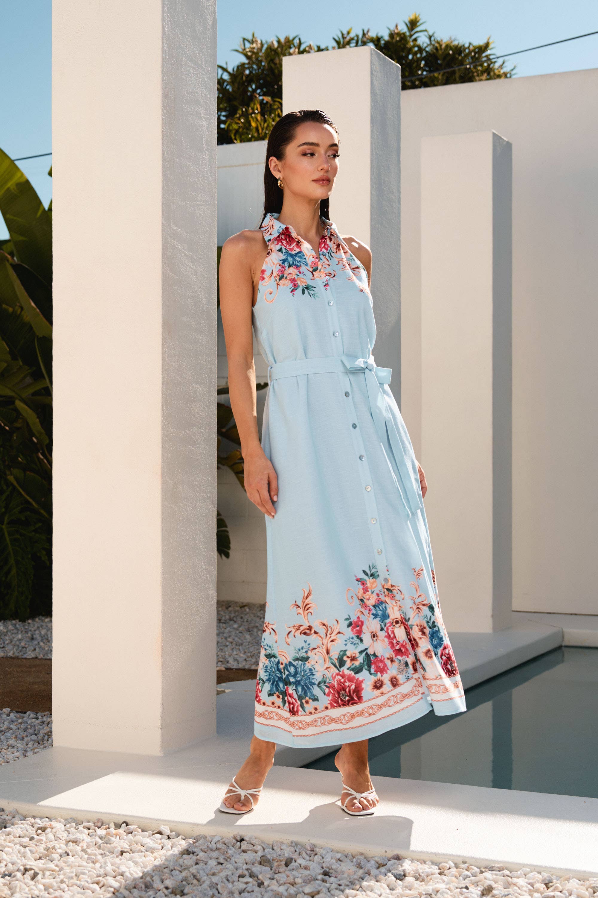 Floral button sleeveless maxi dress.