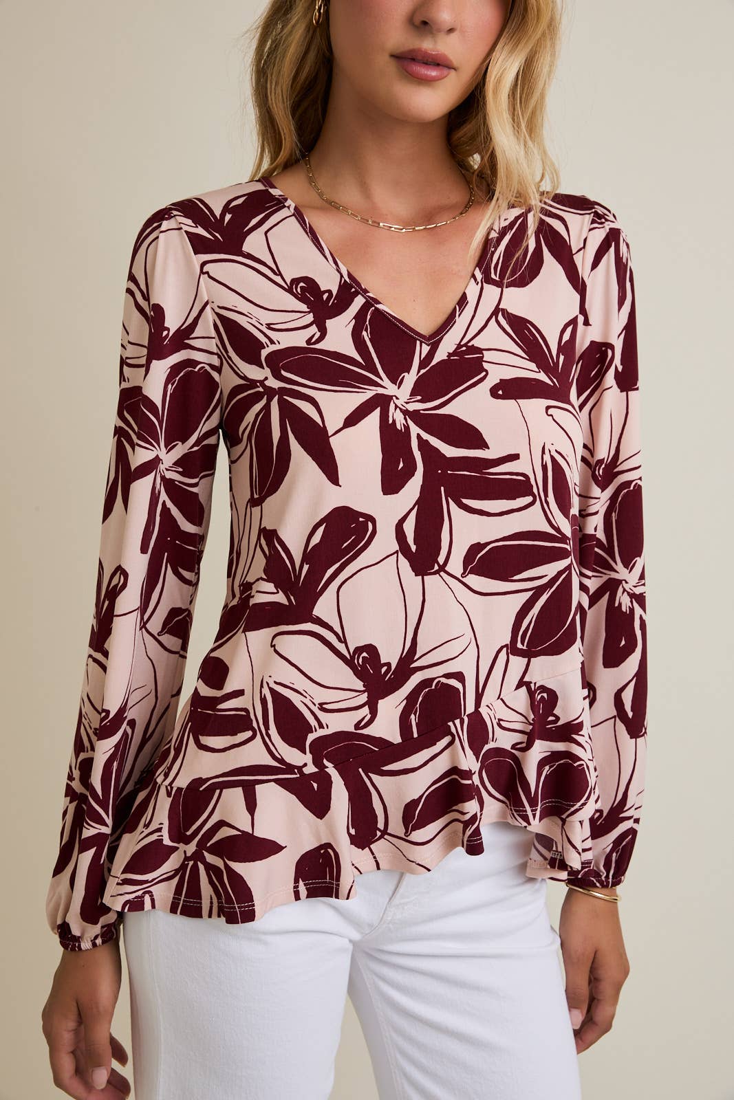 V-NECK LONG SLEEVE FLARE HEM FLORAL TOP