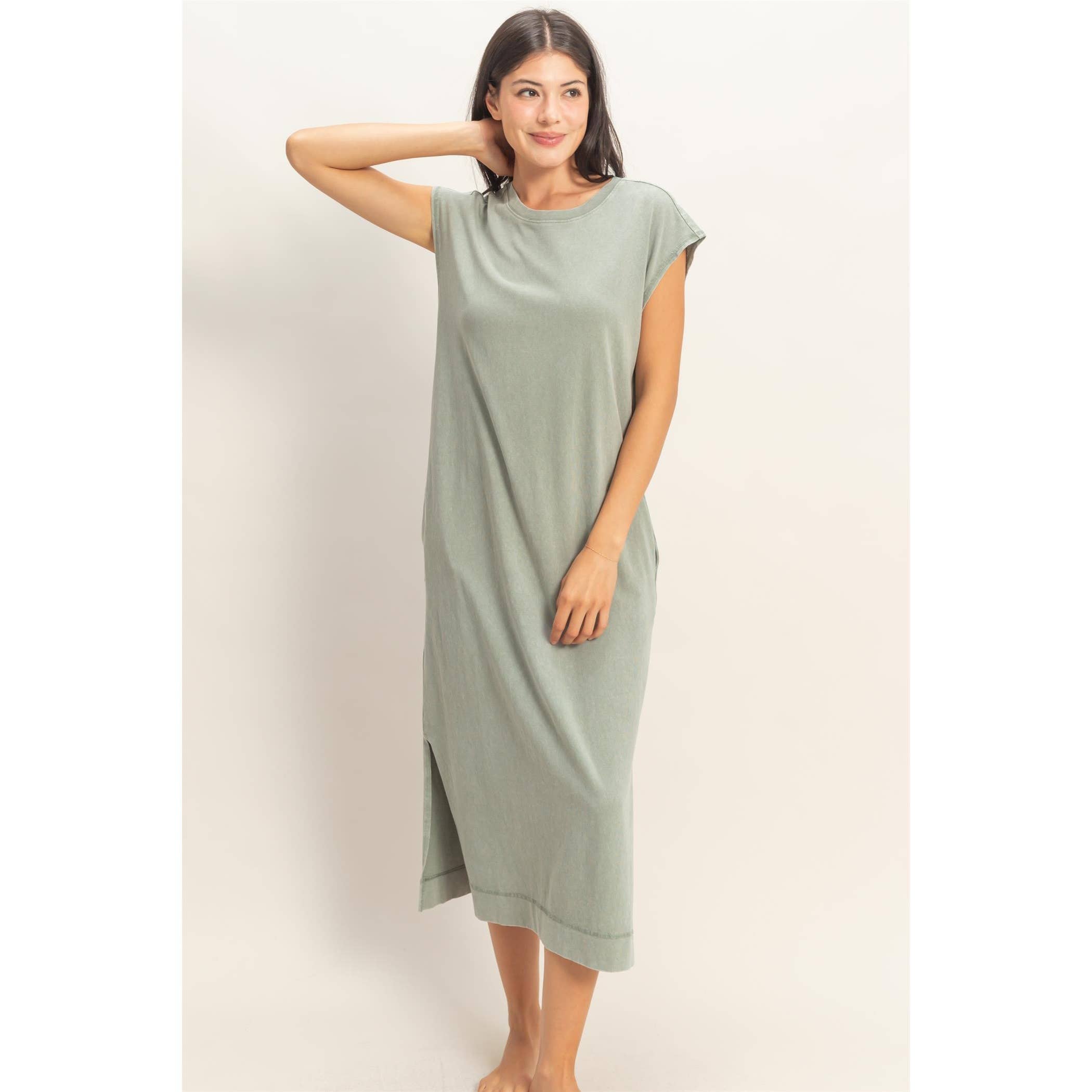 Mineral Wash Cap Sleeve Midi Dress