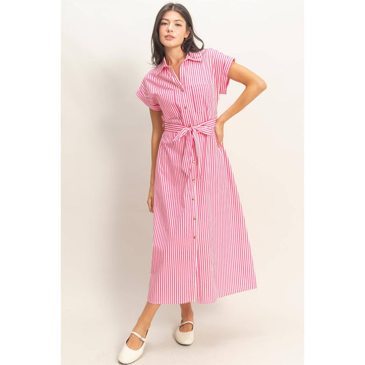 Striped Poplin Belted Shirt Dress With Pockets
