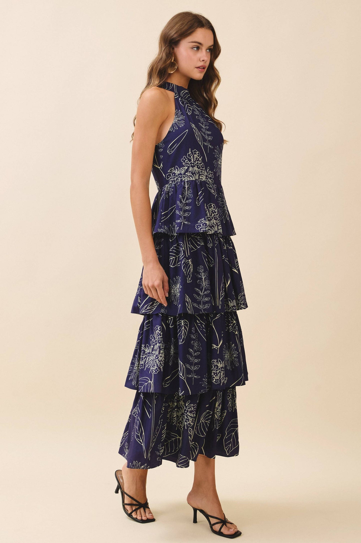 Printed Halter Neck Back Tie Tiered Maxi Dress