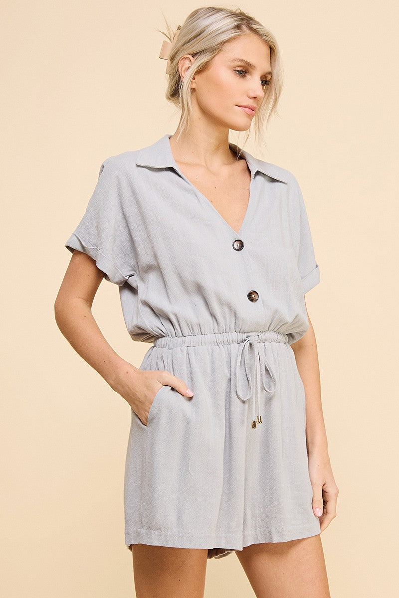 Collared Neck Short Sleeve Tie Waist Romper