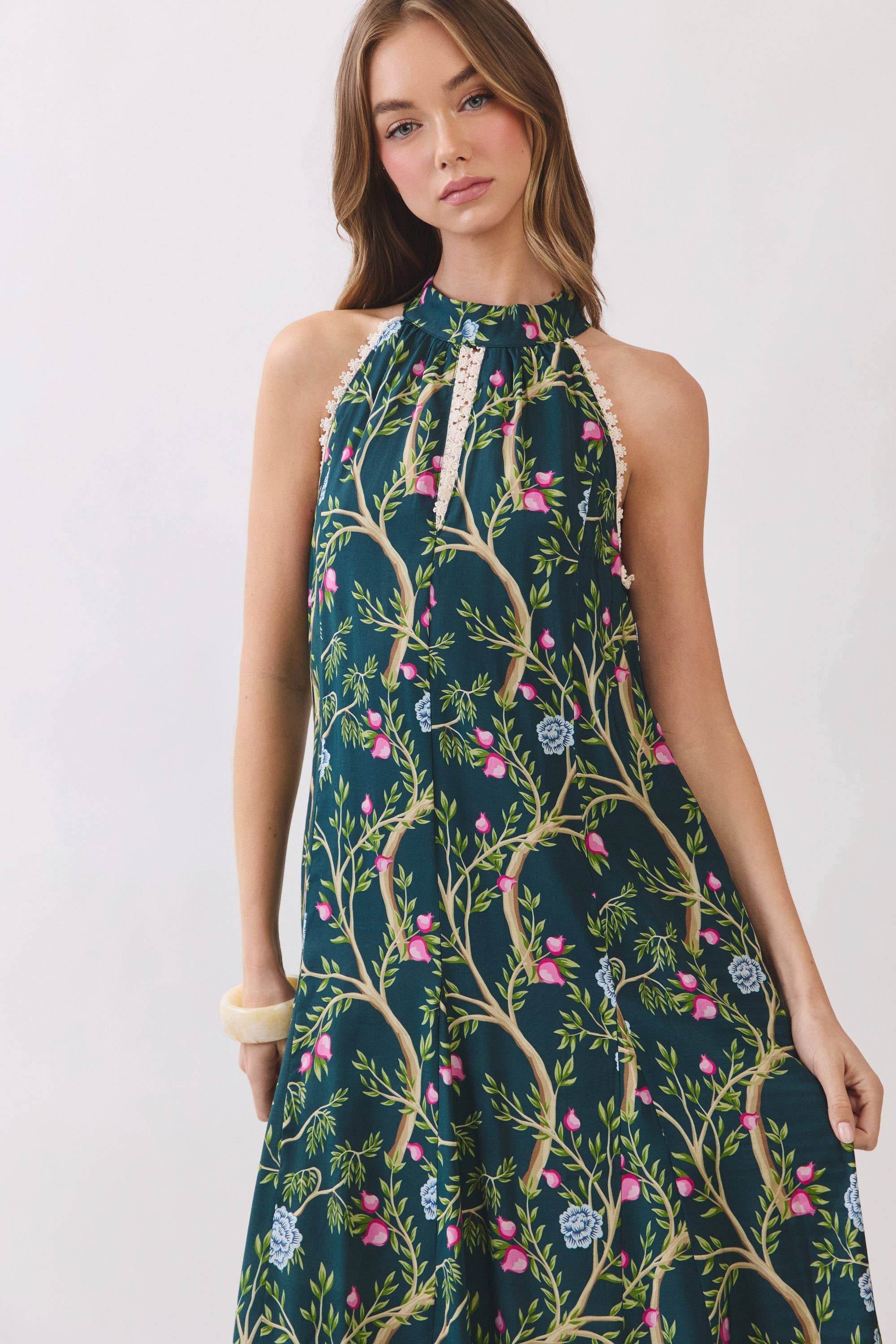 Floral Vine Print Halter Neck Maxi Dress