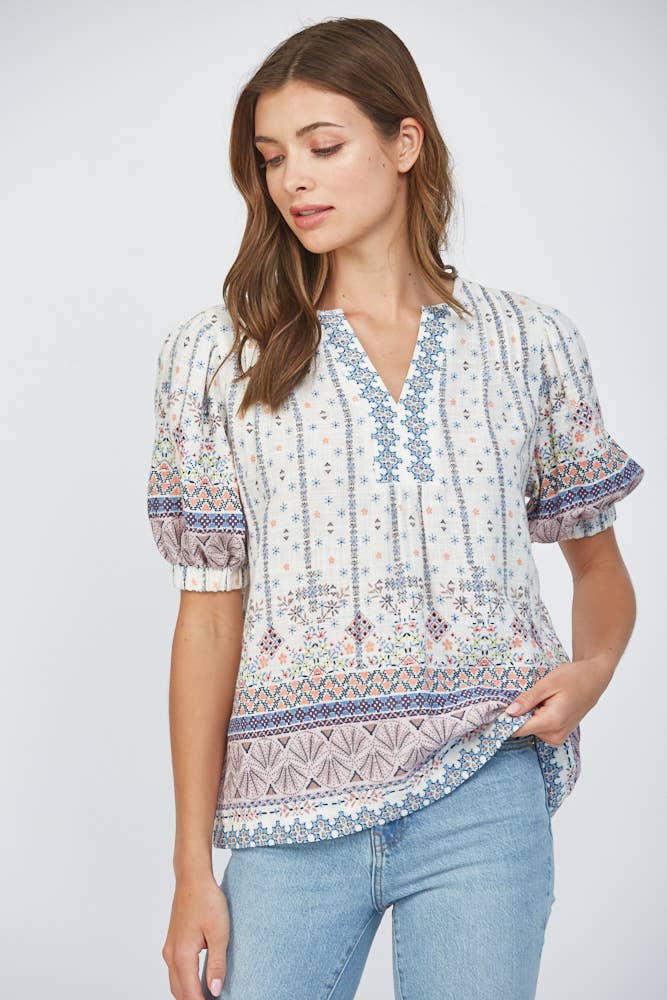 PLEAT DETAIL COTTON GAUZE SPLIT NECK TOP