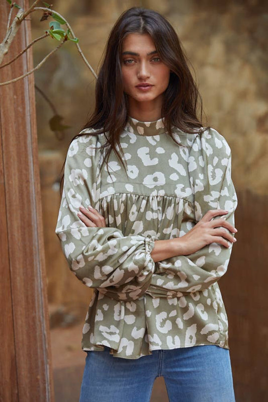 Animal Print Mock Neck Long Sleeve Blouse