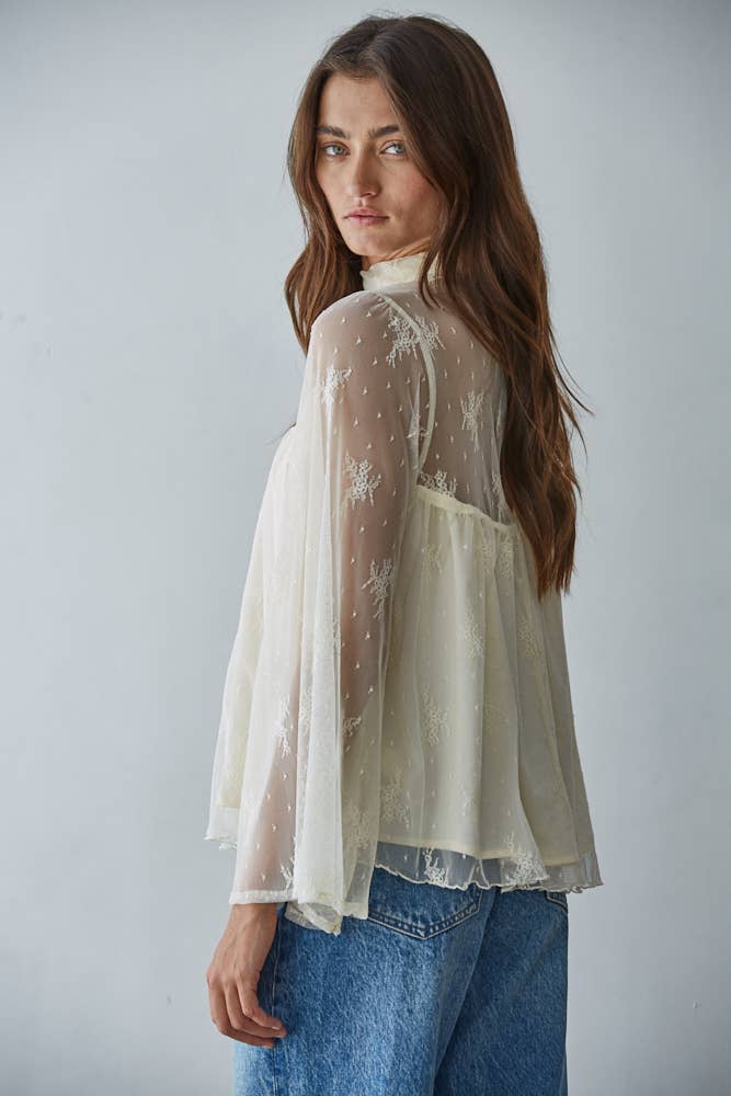 Lace Mock Neck Long Bell Sleeve Blouse