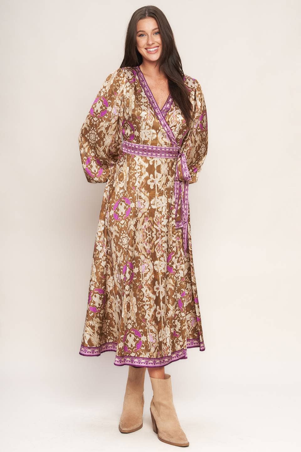 A printed woven midi true wrap dress