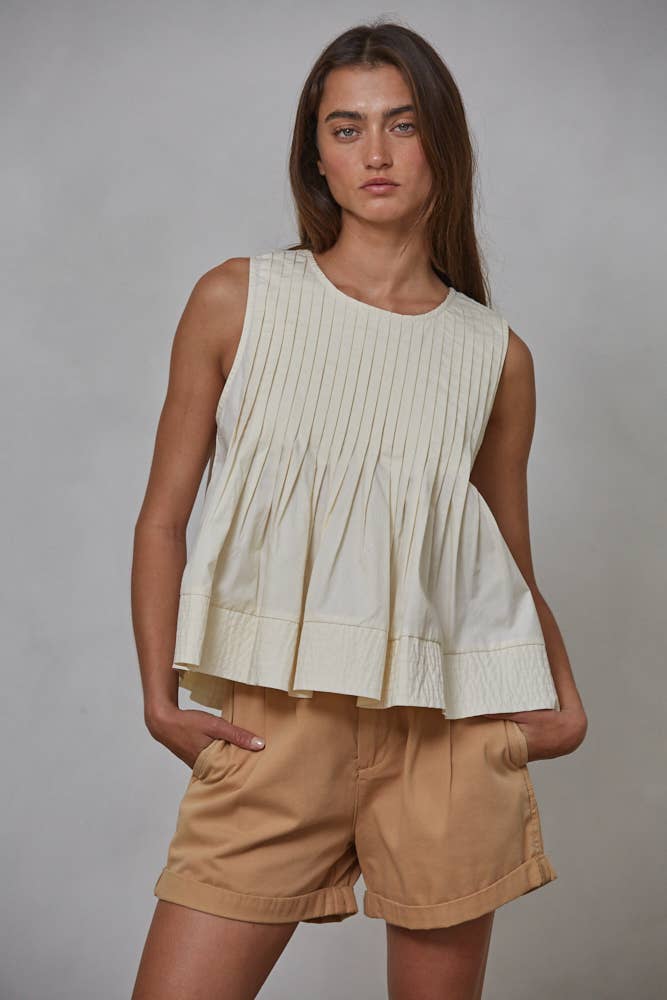 Woven Cotton Round Neck Sleeveless Top
