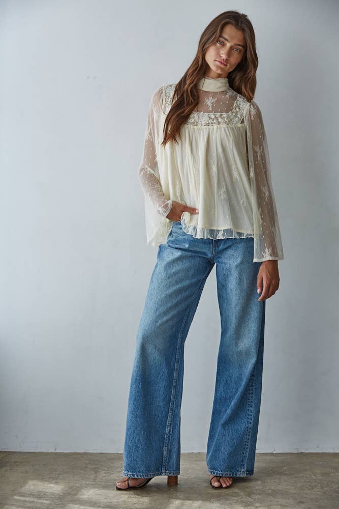 Lace Mock Neck Long Bell Sleeve Blouse