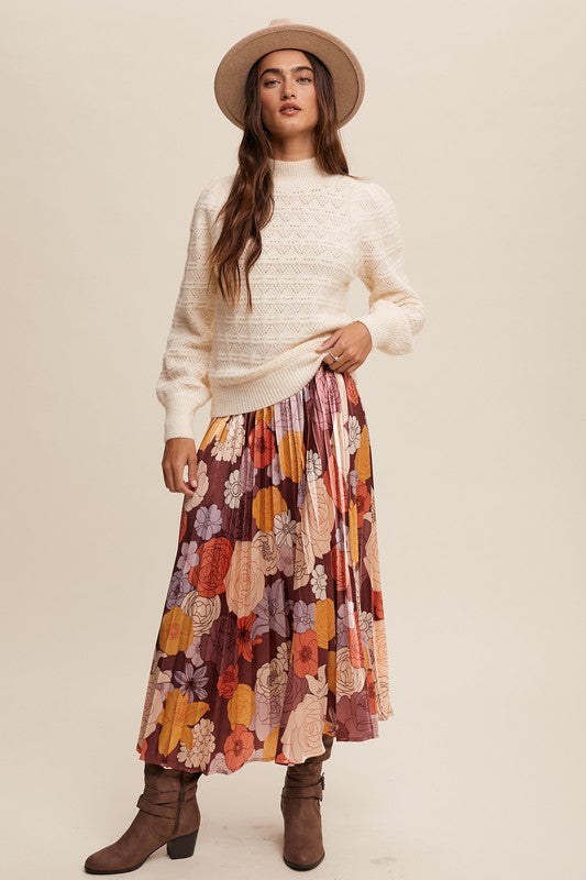 Floral Print Pleated Maxi Skirt