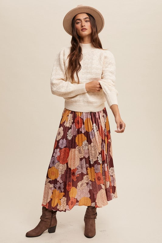 Floral Print Pleated Maxi Skirt