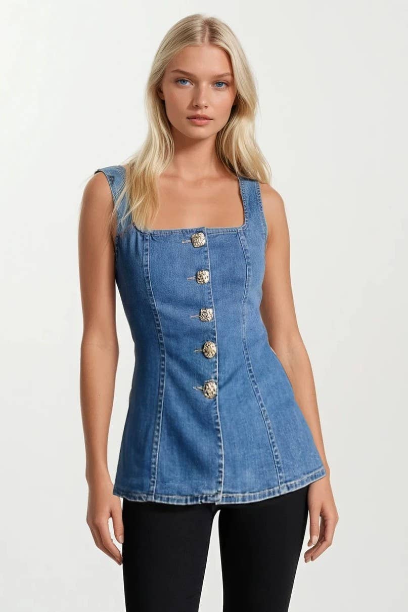 SQUARE NECK DENIM VEST WITH ORNATE GOLD BUTTONS