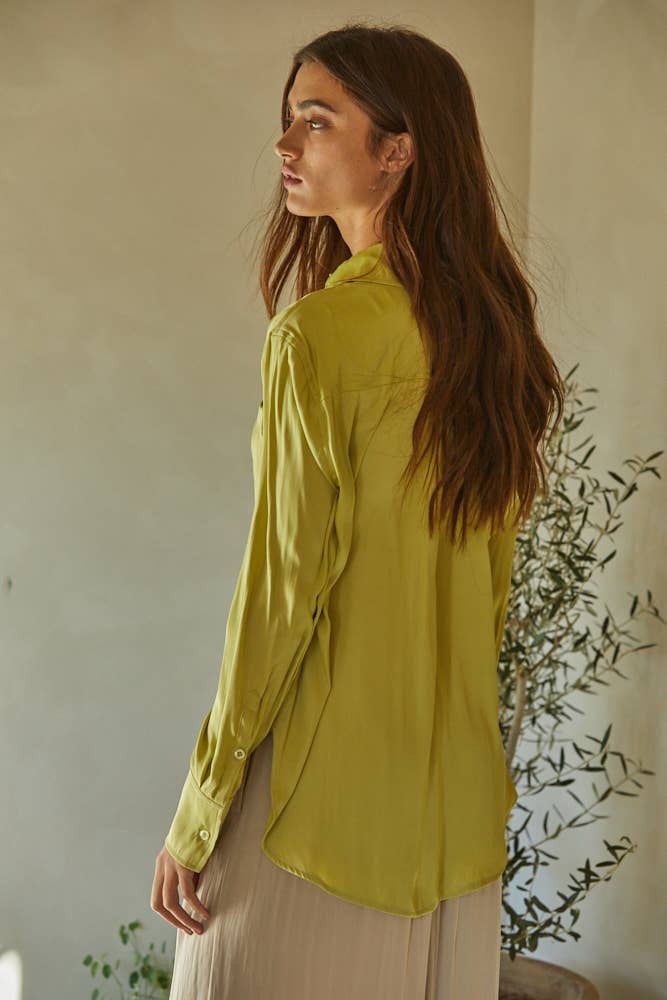 Woven Polyester Satin Button Down Long Sleeve Top