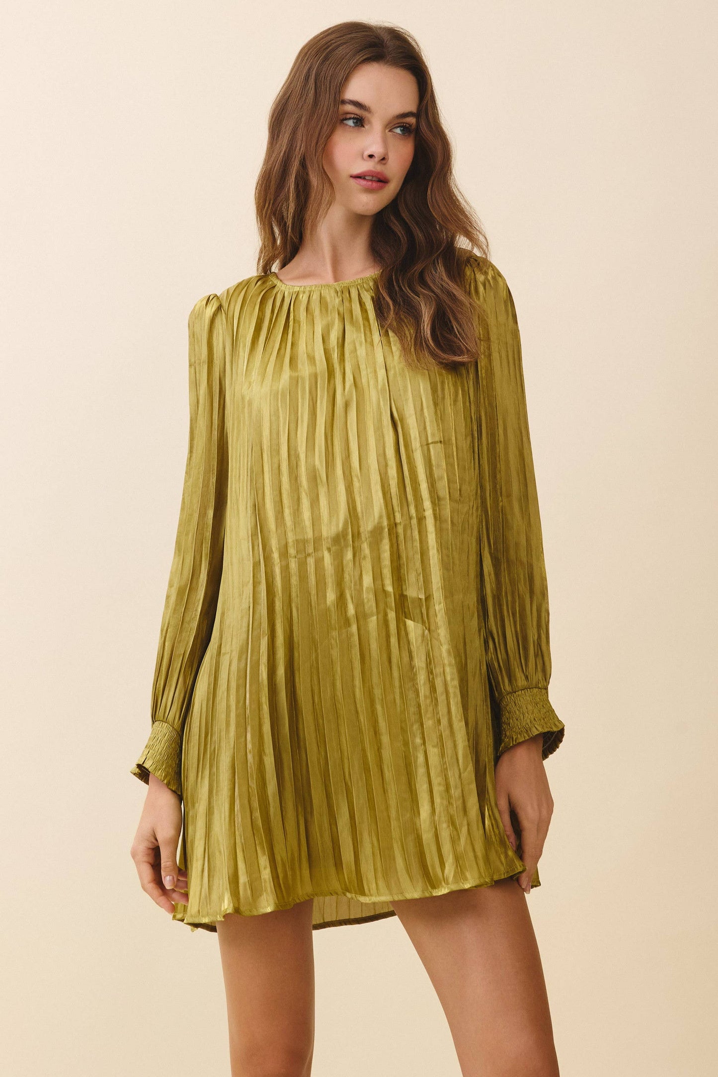 Metallic Pleated Relaxed A Line Mini Dress