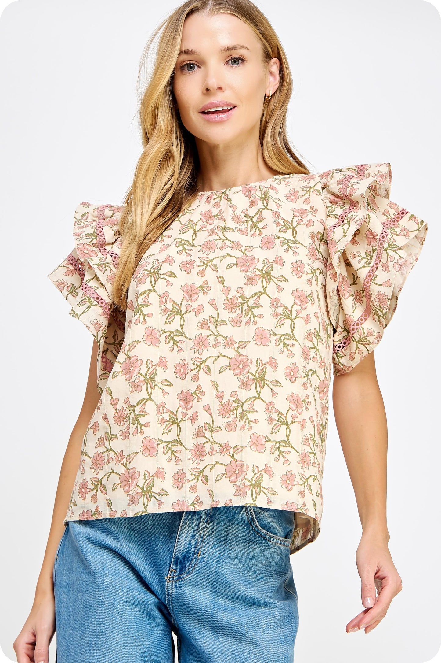 Double Layer Ruffle Sleeve Floral Top