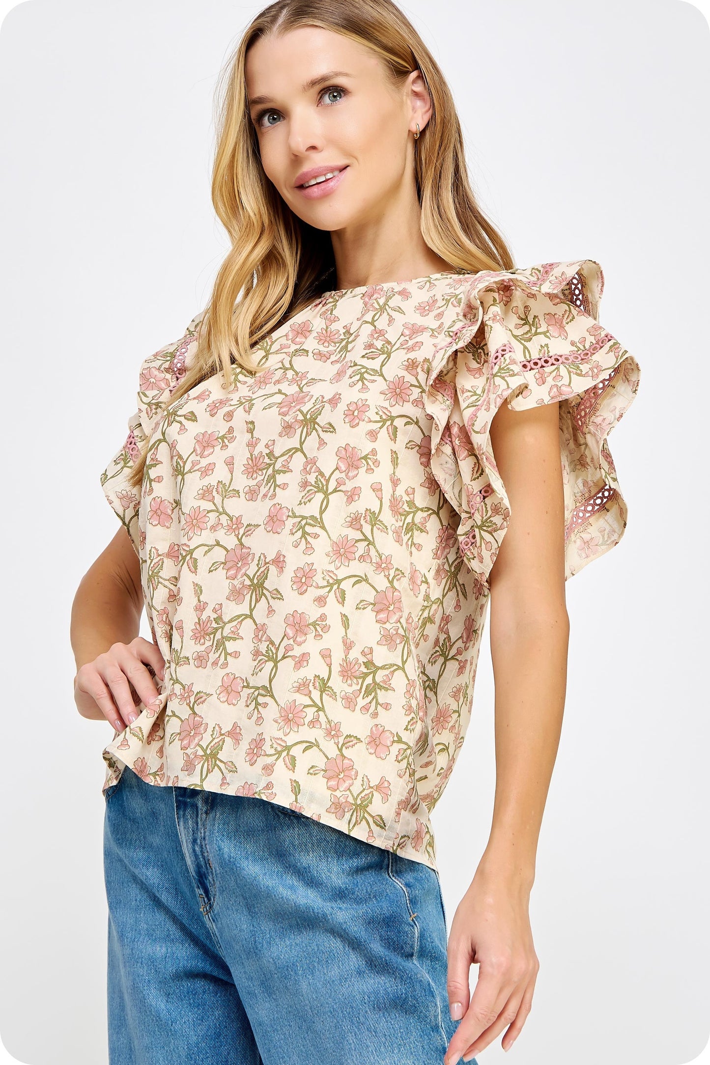 Double Layer Ruffle Sleeve Floral Top