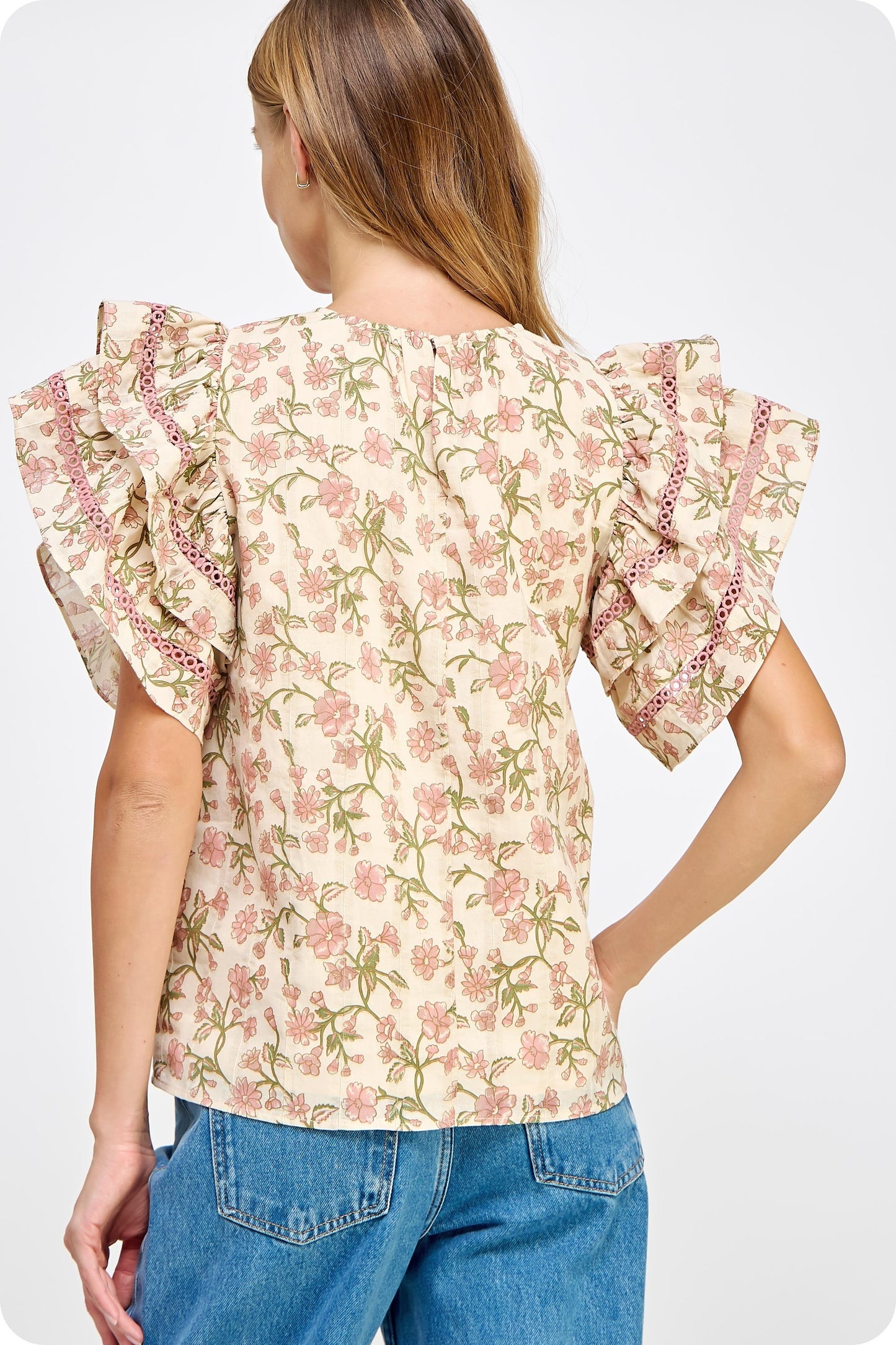 Double Layer Ruffle Sleeve Floral Top