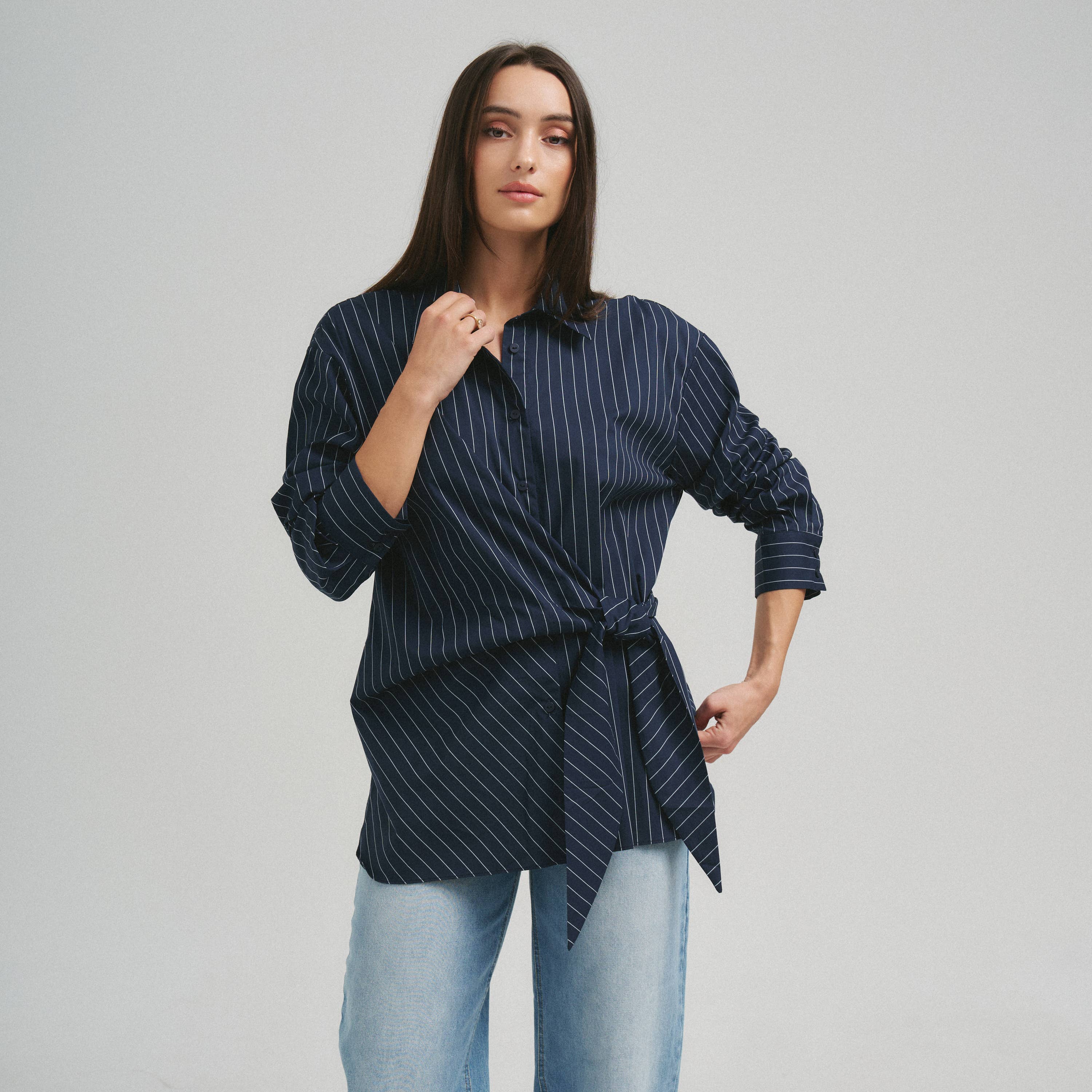 Asymmetrical tie waist shirt