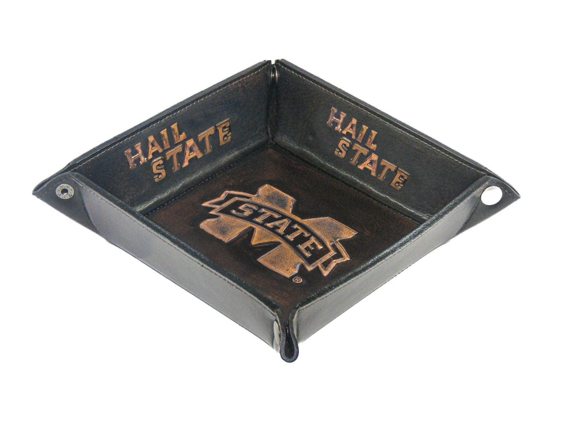 Mississippi State Bulldogs Men's Collegiate Valet Tray, Catch-all, Desk Organizer, Nightstand Tray. Burnished Full Grain Leather Finish.