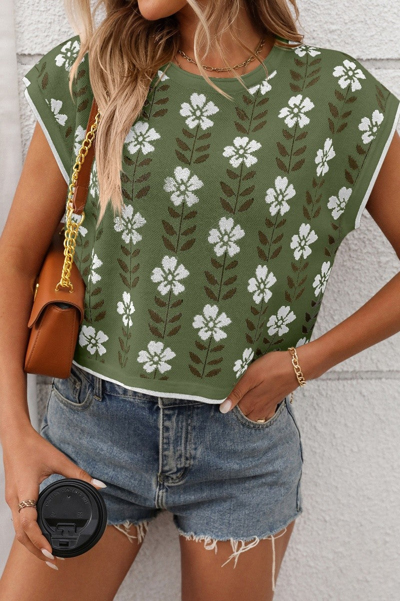 Vintage Floral Knit Top Cap Sleeve Lightweight Tee