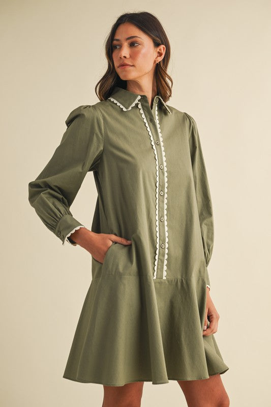 Poplin Scallop Trimmed Shirt Dress