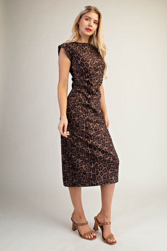 Leopard Luxe Padded Shoulder Midi Dress
